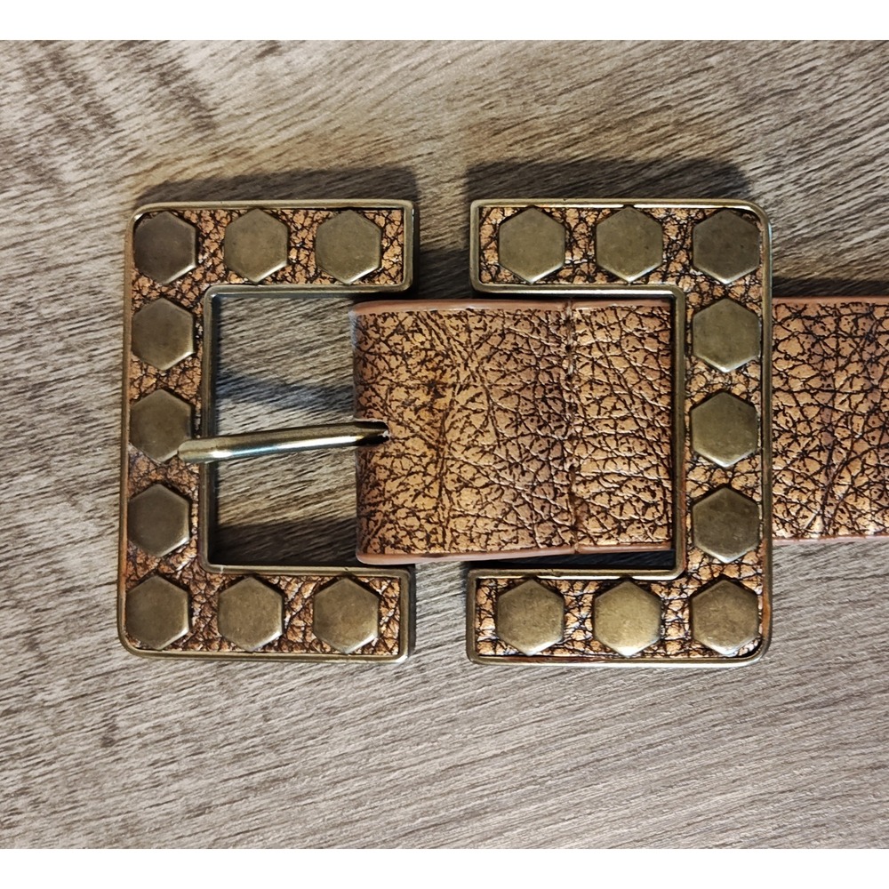 Leatherock Studded Belt Womens M 34 Bronze Metallic Leather Hexagon Buckle 8262 - Picture 3 of 11